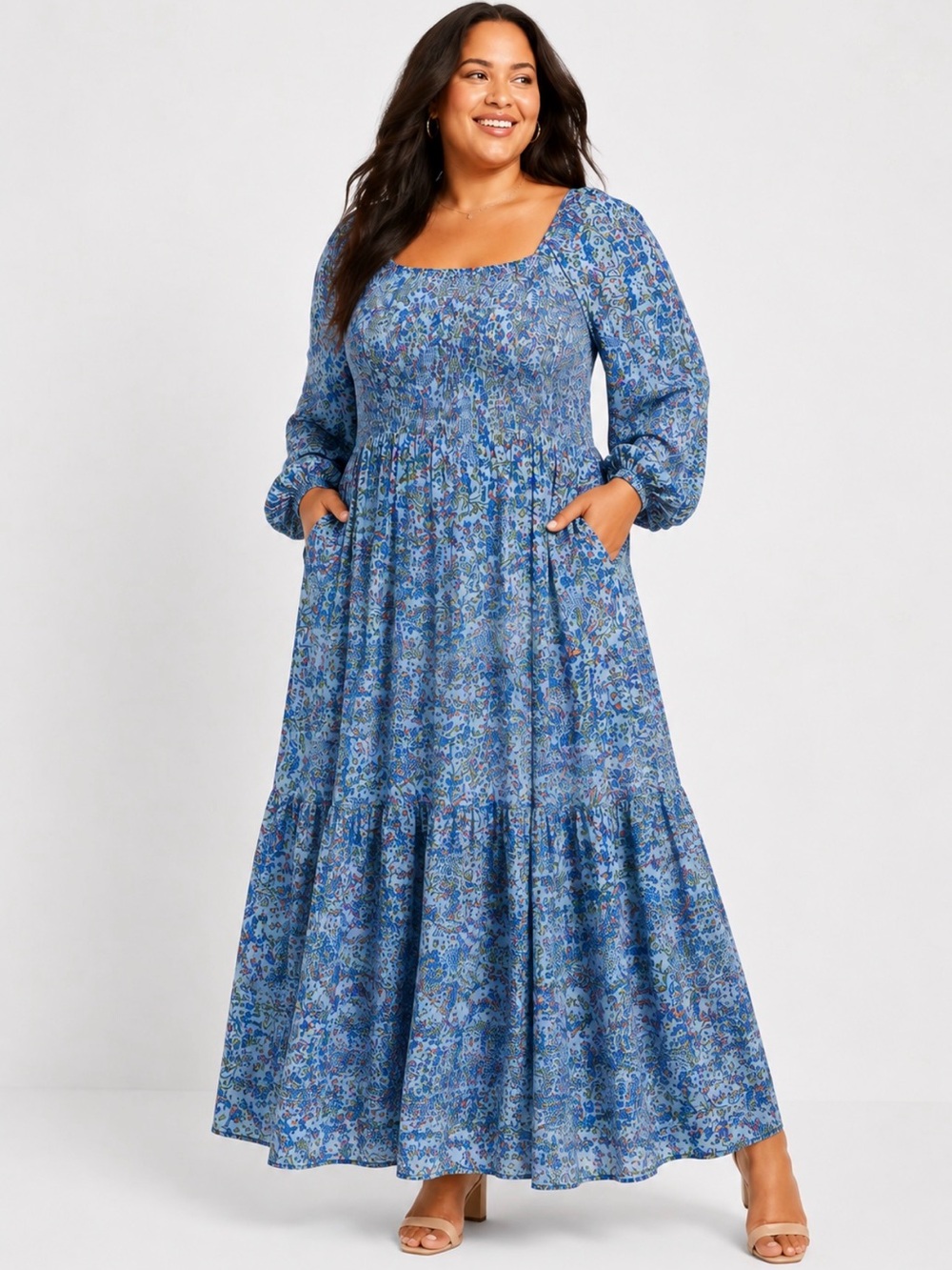 Jessica Simpson Simona Floral Maxi Dress 3X Blue Smocked - NWT